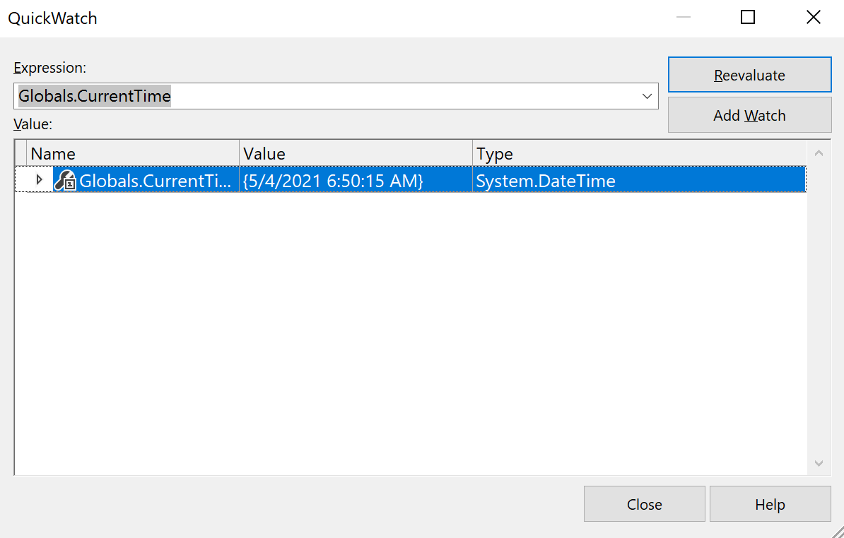 QuickView window showing value of a global variable