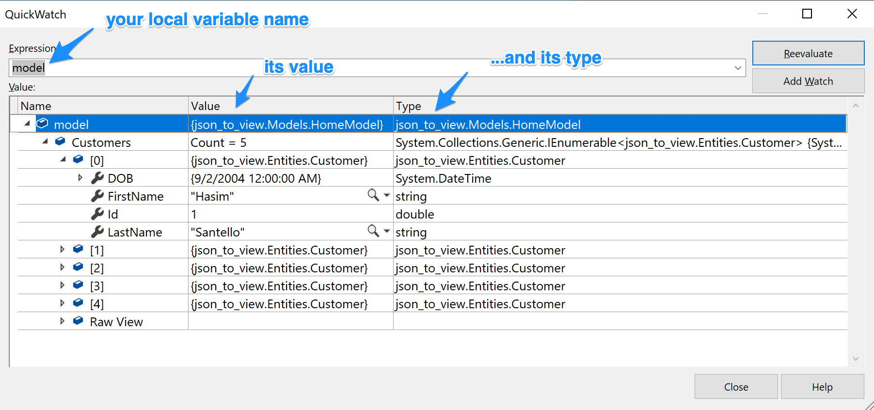 QuickView window showing contents of local variable