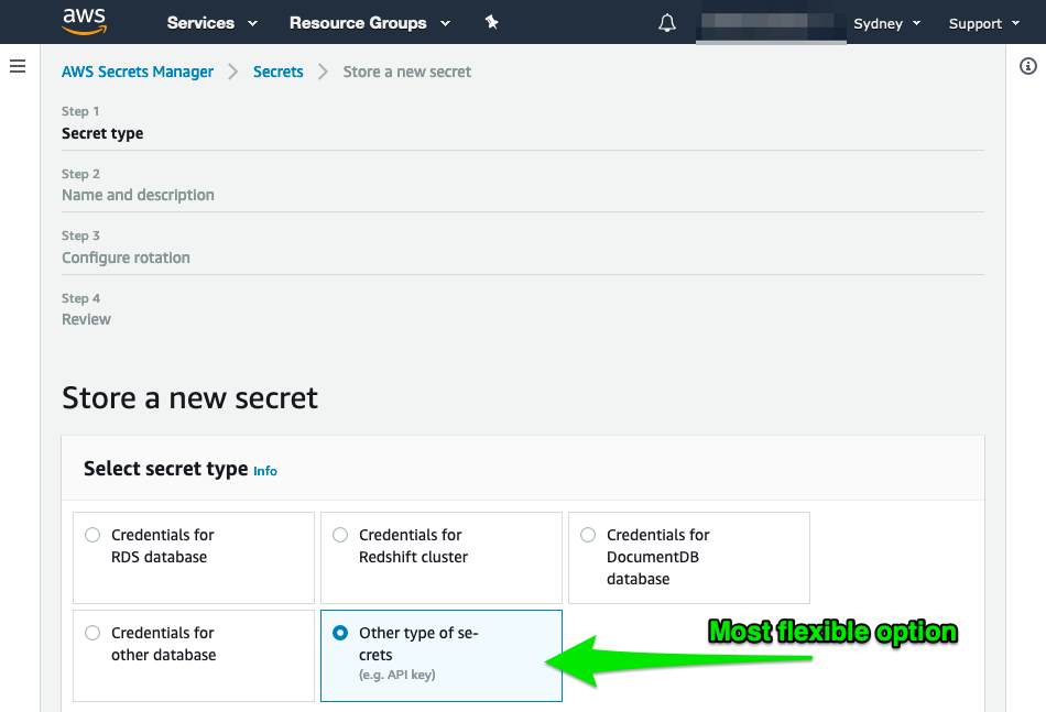 AWS Secrets Manager 'Store a new secret' screen