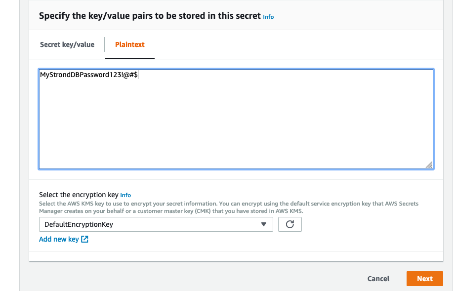 Example of a secret in AWS Secrets Manager